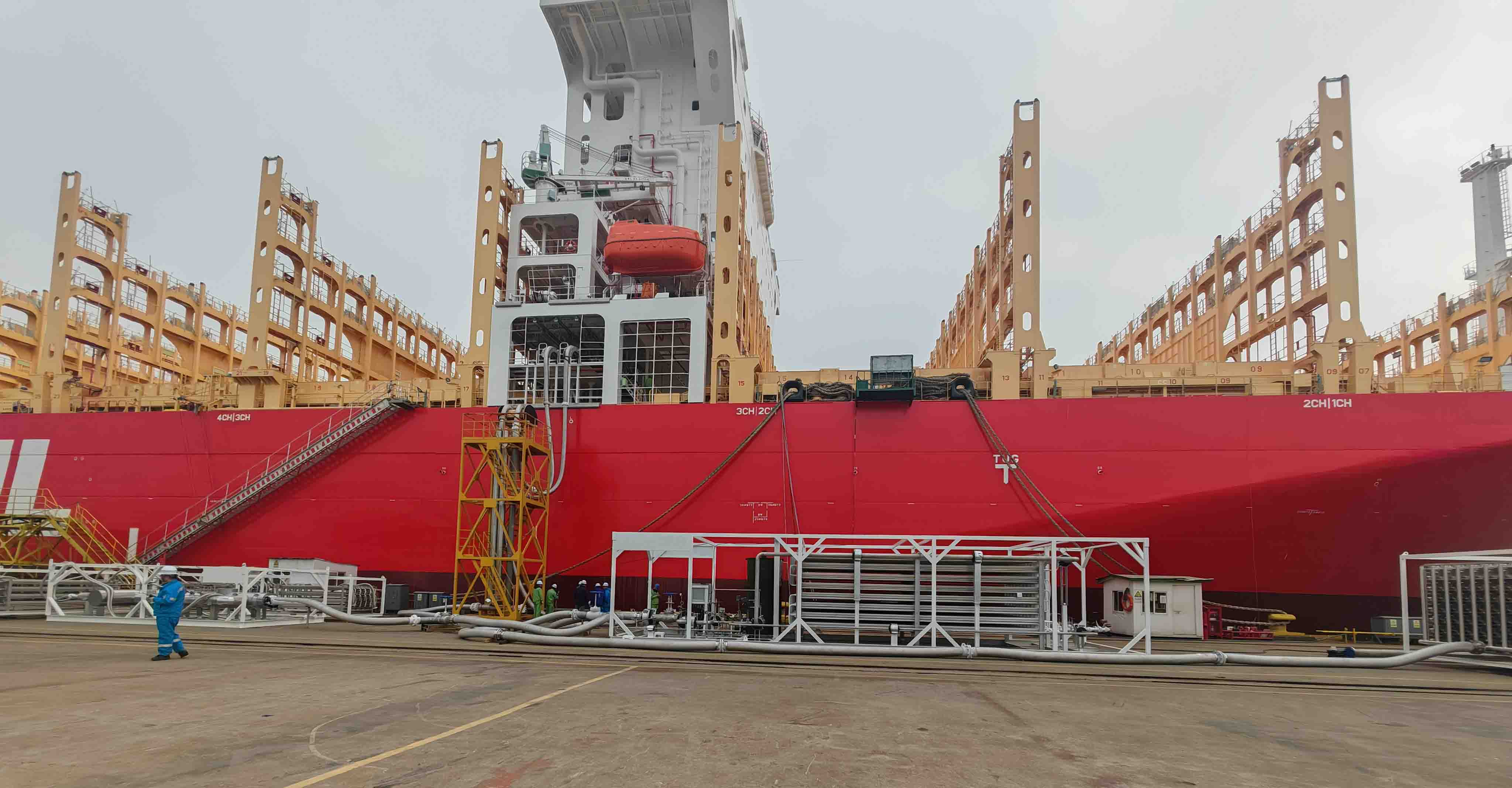 LNG ship refueling skid in vessel refueling application